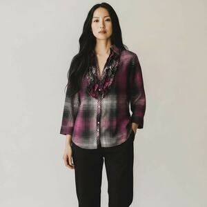 Joie Fara Plaid Ruffle Blouse Top Size Medium 100% Cotton